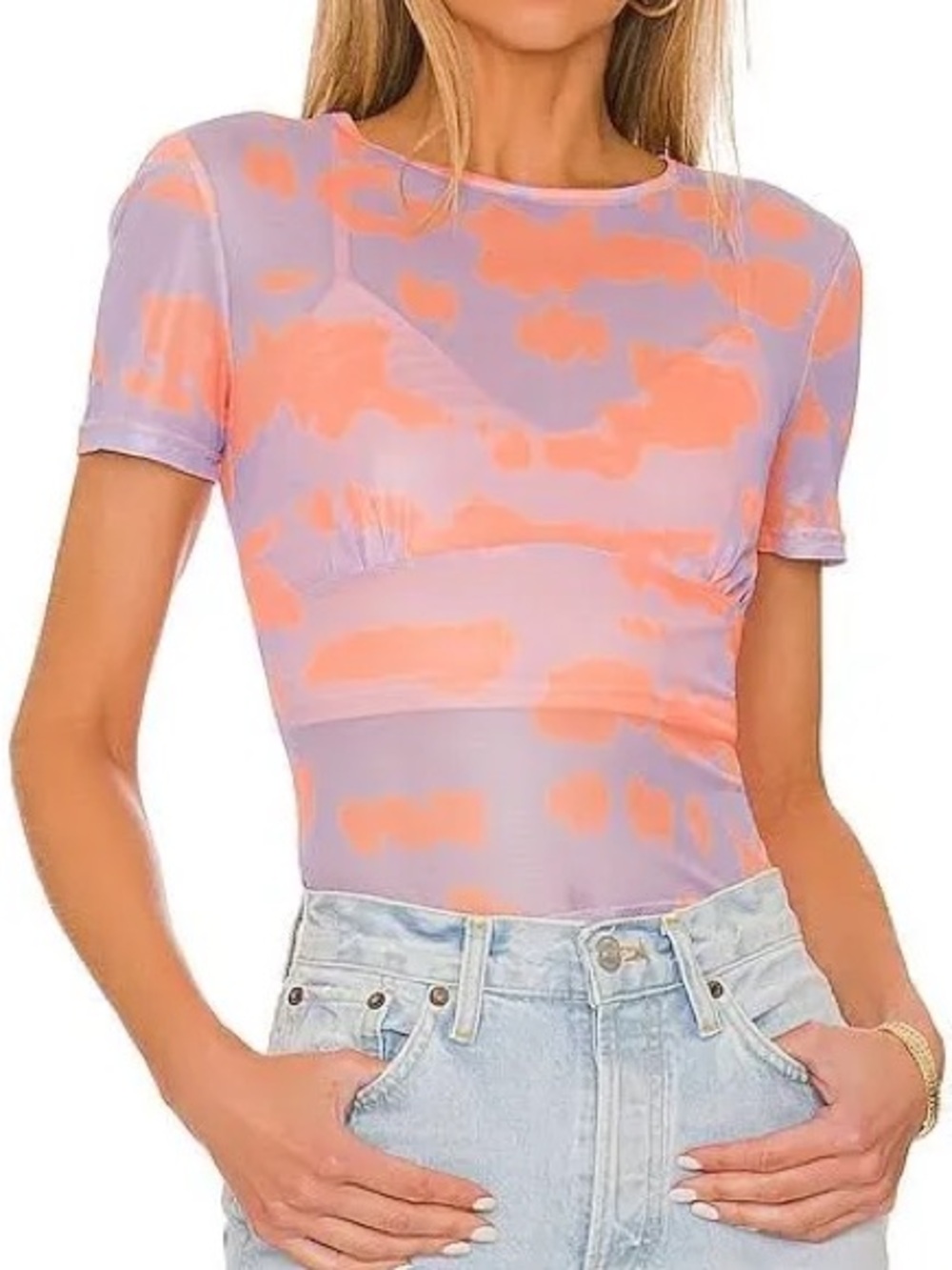 Superdown “Simona” Sheer Mesh Tie-Dye Crop Top
